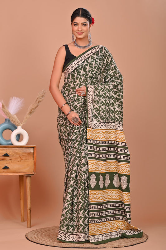 Bagru Cotton Hand Block Printed Saree With Blouse Piece