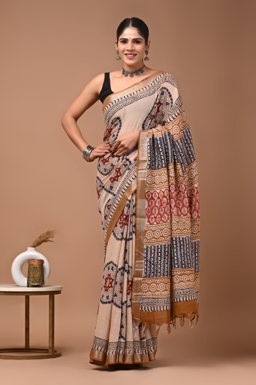 Traditional Bhagalpuri Linen Cotton Saree for Women
