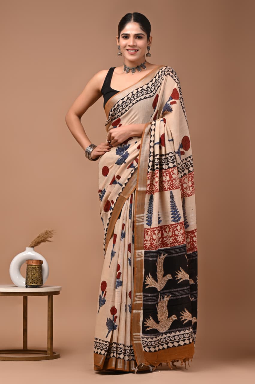 Traditional Bhagalpuri Linen Cotton Saree for Women