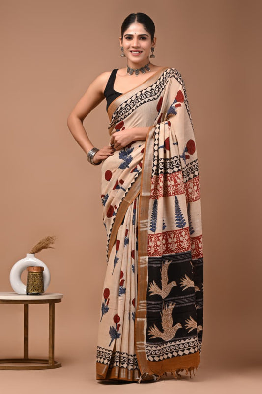 Traditional Bhagalpuri Linen Cotton Saree for Women