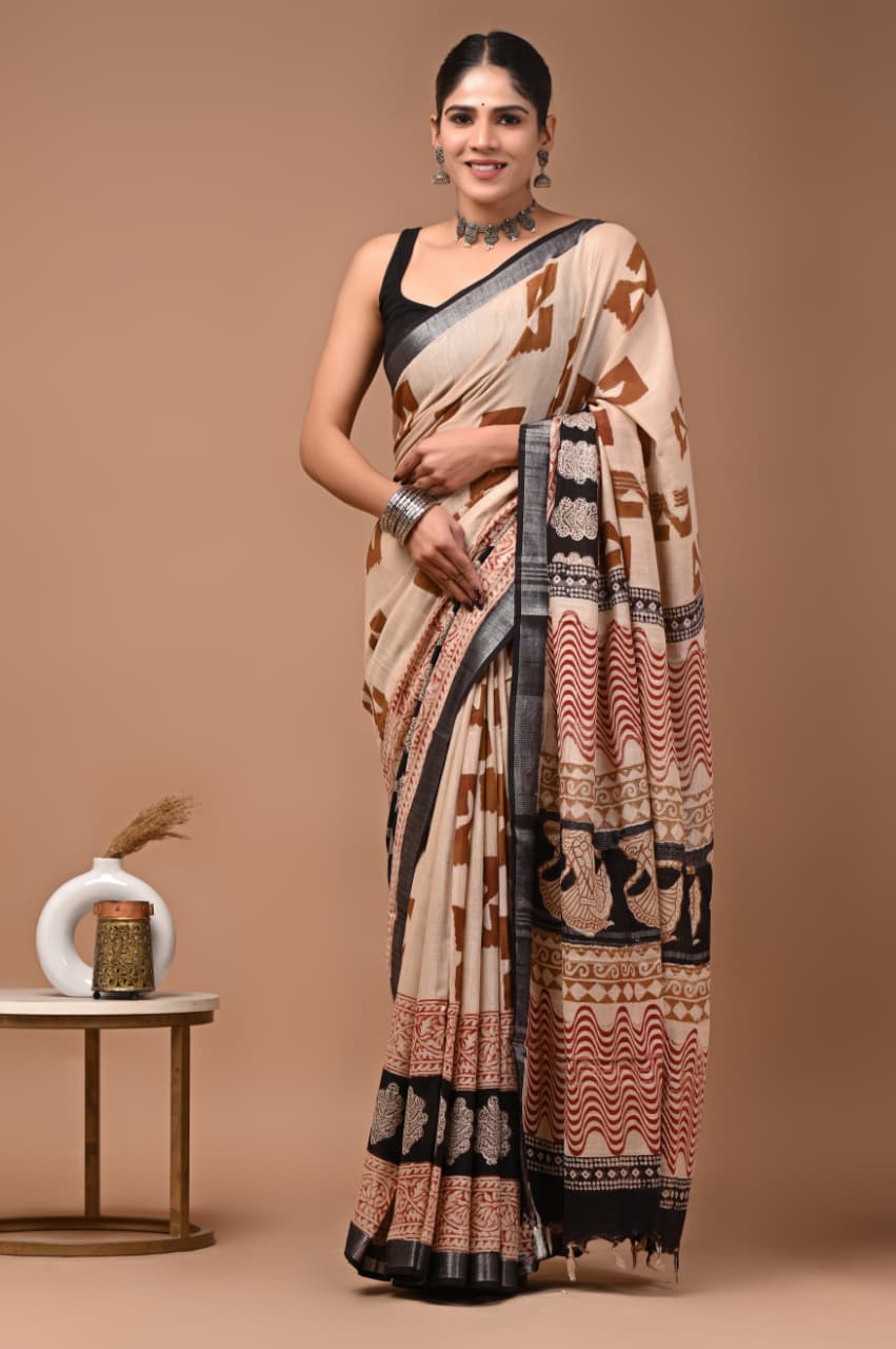 Traditional Bhagalpuri Linen Cotton Saree for Women