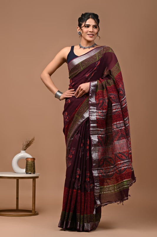 Traditional Bhagalpuri Linen Cotton Saree for Women