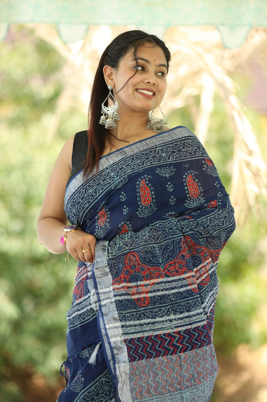 Traditional Bhagalpuri Linen Cotton Saree for Women