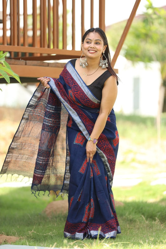 Traditional Bhagalpuri Linen Cotton Saree for Women