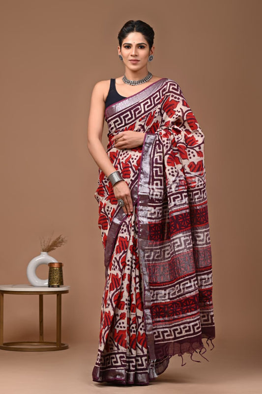 Traditional Bhagalpuri Linen Cotton Saree for Women