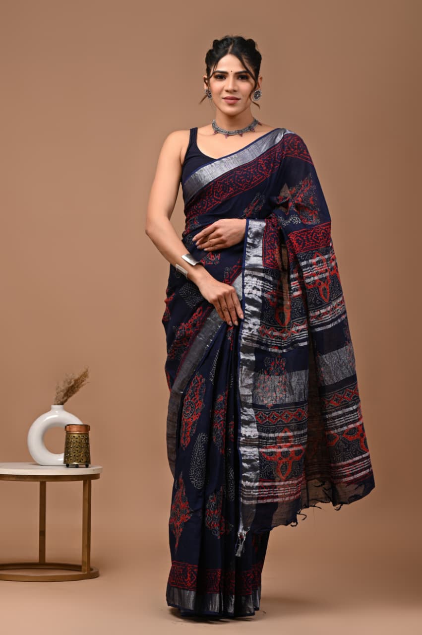 Traditional Bhagalpuri Linen Cotton Saree for Women