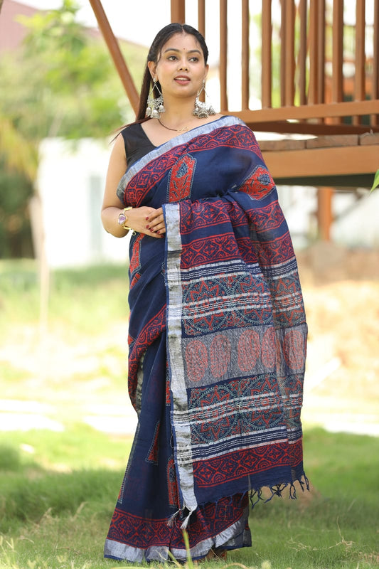 Traditional Bhagalpuri Linen Cotton Saree for Women