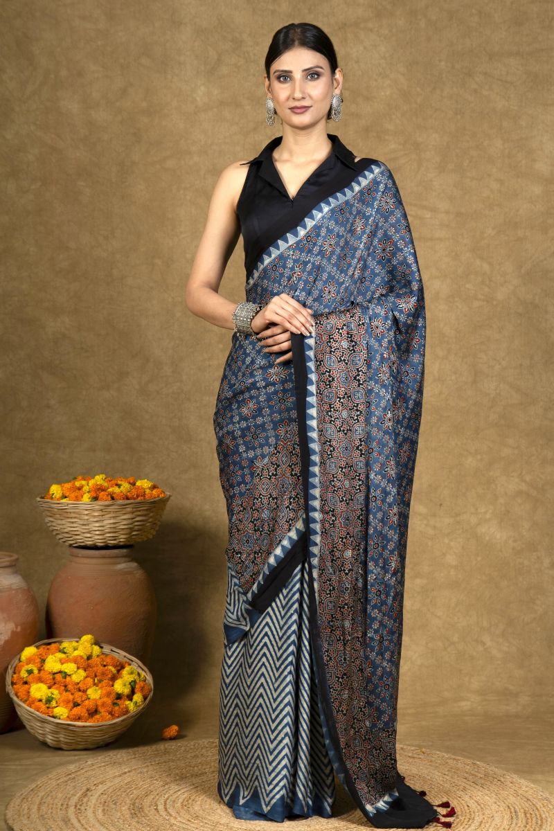 Blue Chevron Starry Ajrakh Modal Silk Saree