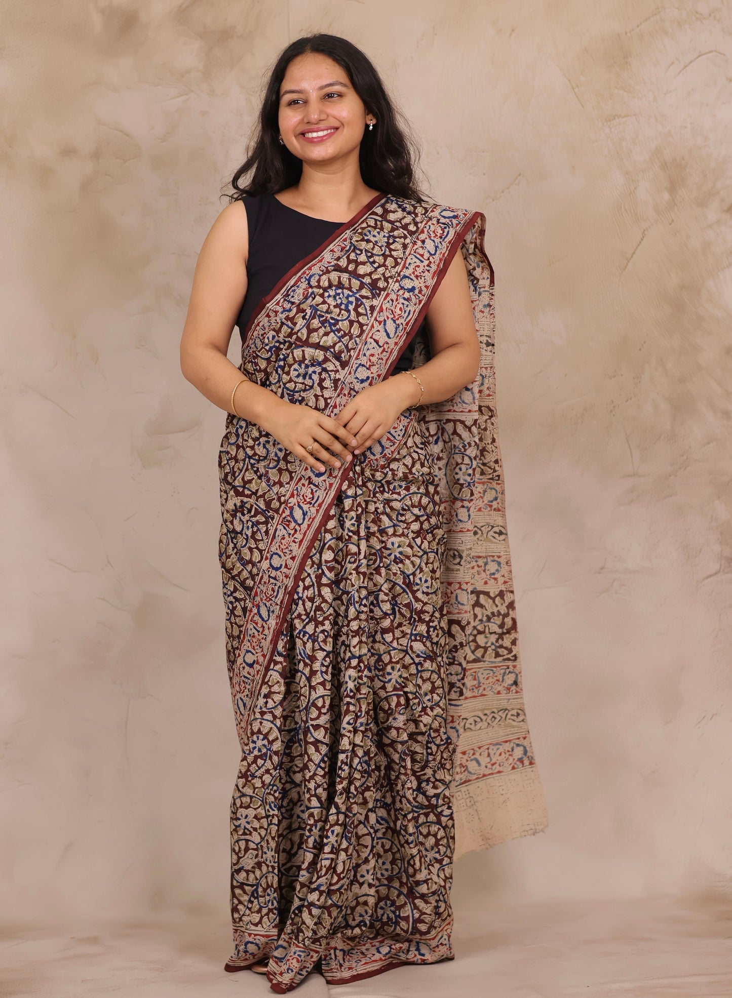 Maroon Hand Block Printed Kalamkari Chennur Silk Saree
