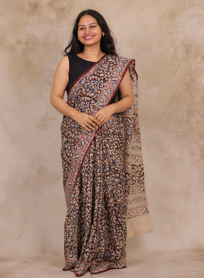 Maroon Hand Block Printed Kalamkari Chennur Silk Saree