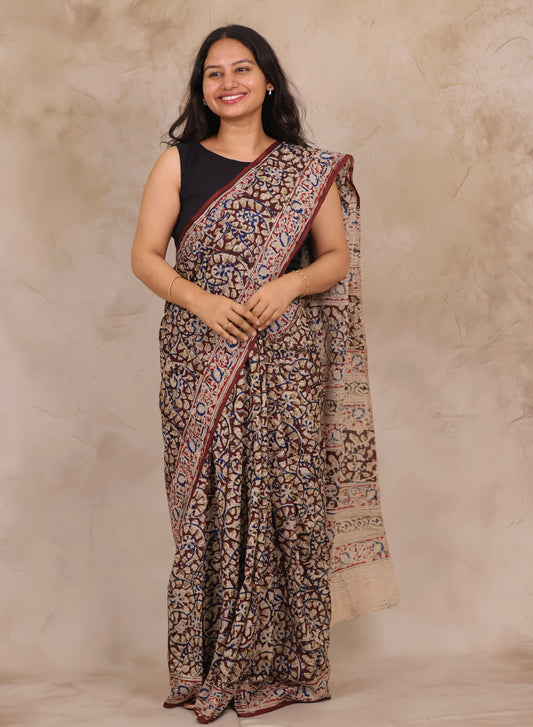 Maroon Hand Block Printed Kalamkari Chennur Silk Saree