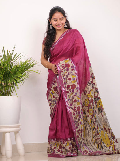 Magenta Plain Gap Border Kalamkari Premium Chennur Silk Saree