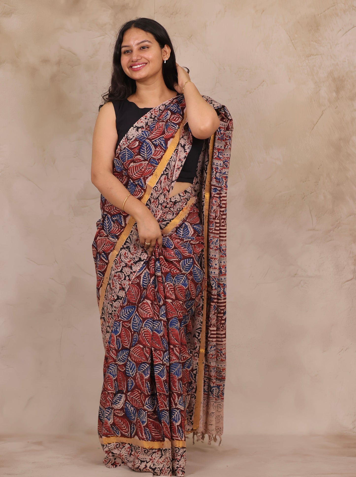 Red Hand Block Printed Kalamkari Chennur Silk Saree