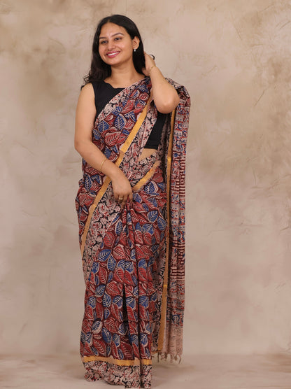 Red Hand Block Printed Kalamkari Chennur Silk Saree