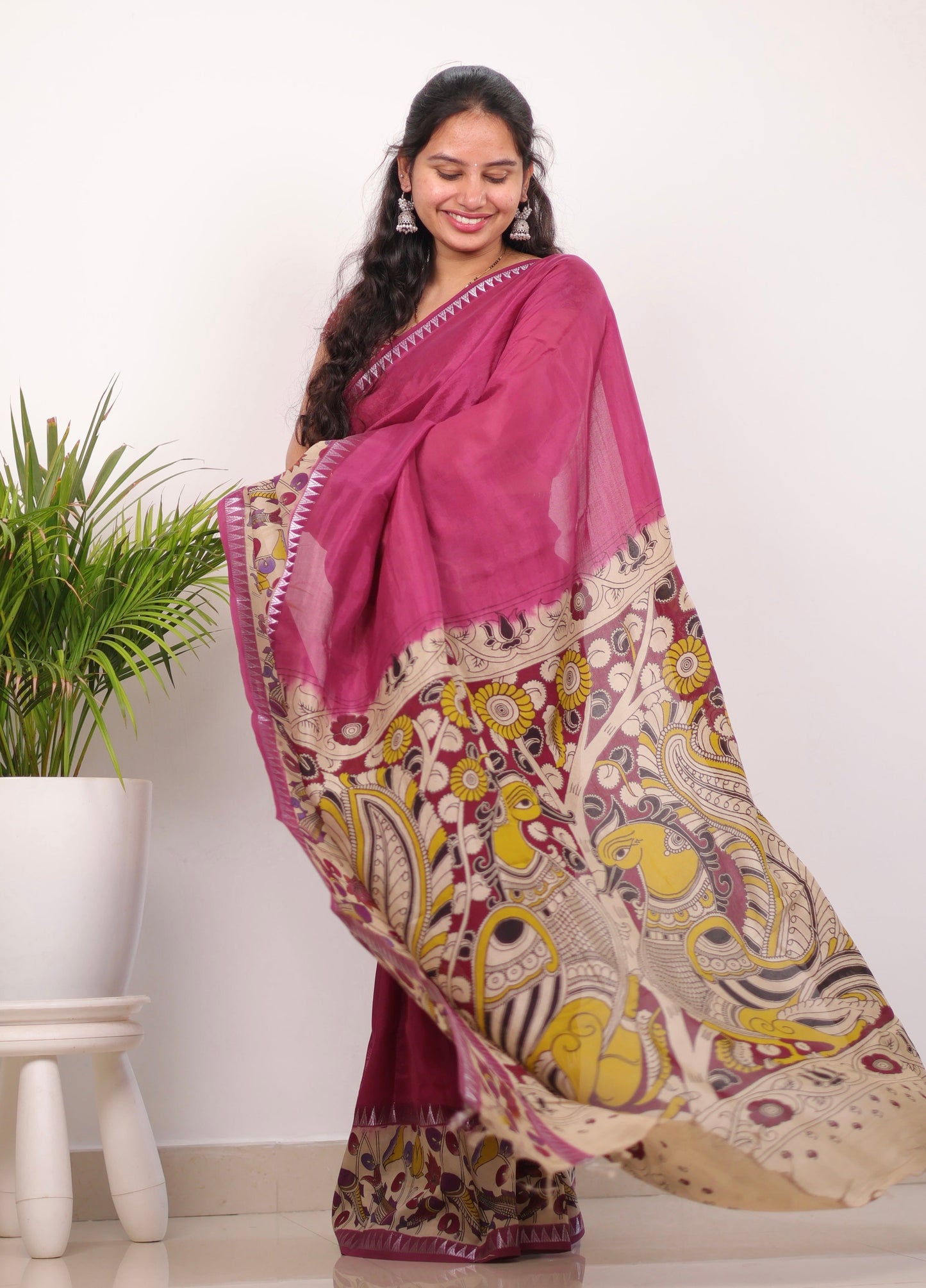 Magenta Plain Gap Border Kalamkari Premium Chennur Silk Saree