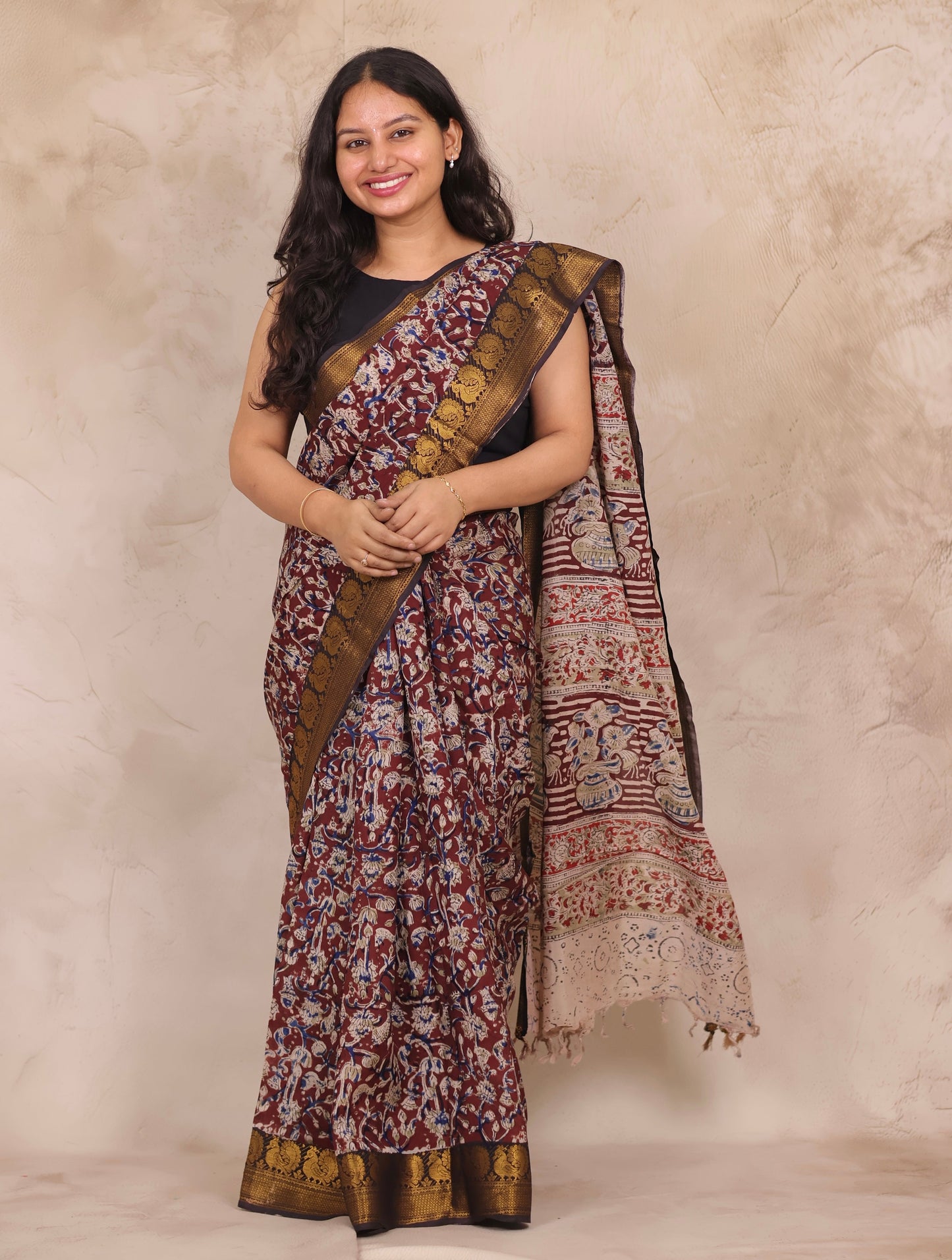 Maroon Hand Block Printed Kalamkari Kanchi Border Chennur Silk Saree