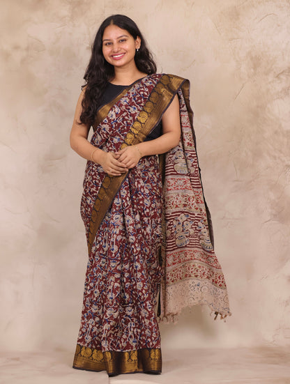 Maroon Hand Block Printed Kalamkari Kanchi Border Chennur Silk Saree