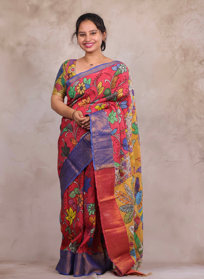 Hand Drawn Pen Kalamkari Pink And Blue Bangalore Silk Kanchi Border Saree