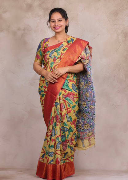 Hand Drawn Pen Kalamkari Light Yellow And Red Bangalore Silk Kanchi Border Saree