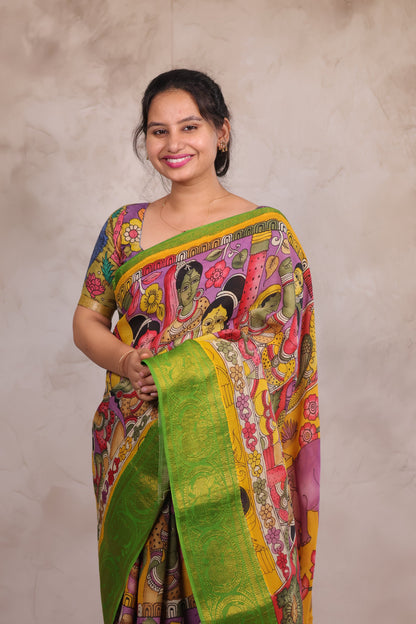 Hand Drawn Pen Kalamkari Lavender And Green Bangalore Silk Kanchi Border Saree
