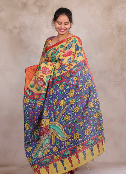 Hand Drawn Pen Kalamkari Light Yellow And Red Bangalore Silk Kanchi Border Saree