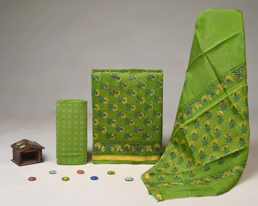 Green Chanderi Silk print Suit Set