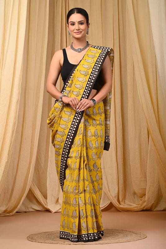 Mul Cotton Hand Block Printed Saree With Blouse Piece