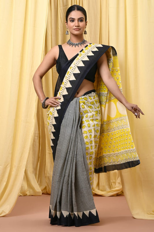Mul Cotton Hand Block Printed Saree With Blouse Piece