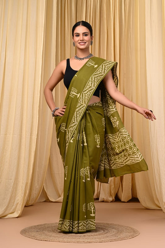 Mul Cotton Hand Block Printed Saree With Blouse Piece