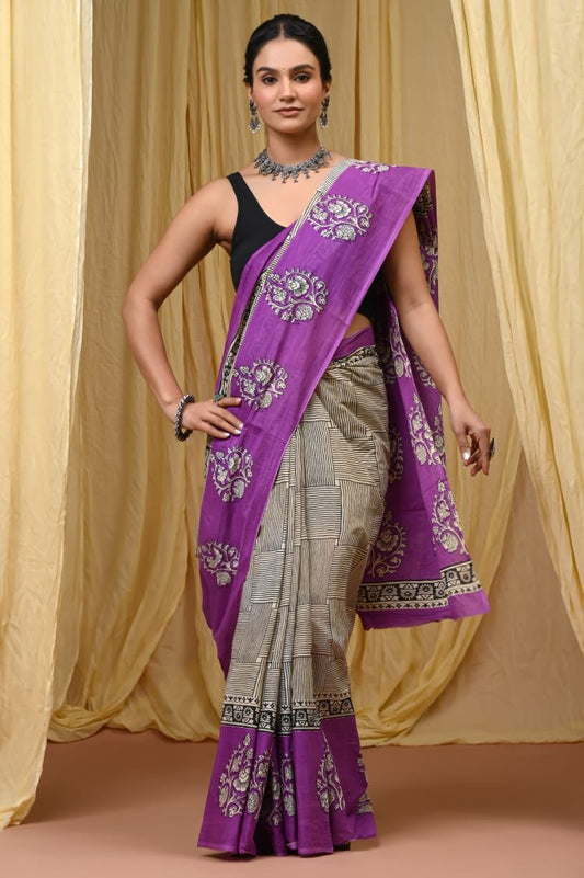 Mul Cotton Hand Block Printed Saree With Blouse Piece