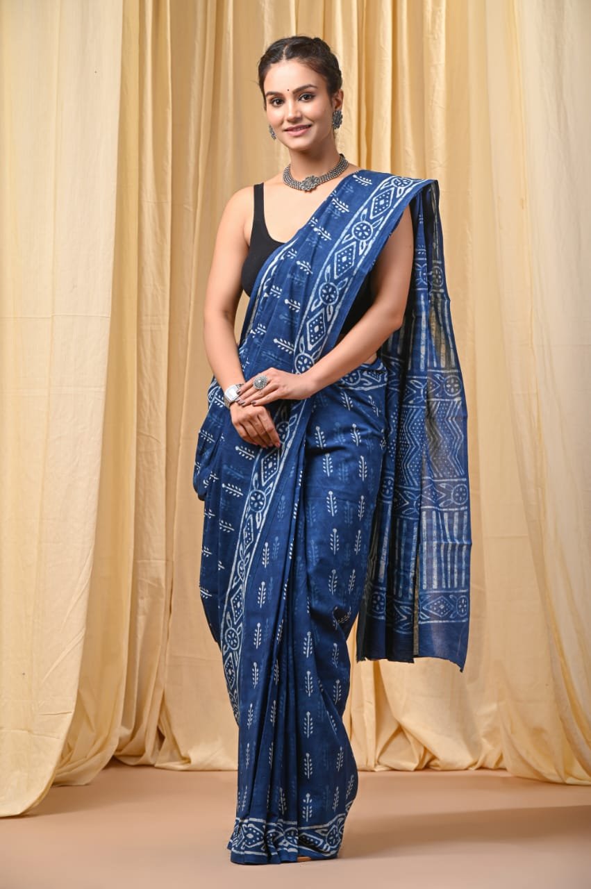 Mul Cotton Hand Block Printed Saree With Blouse Piece