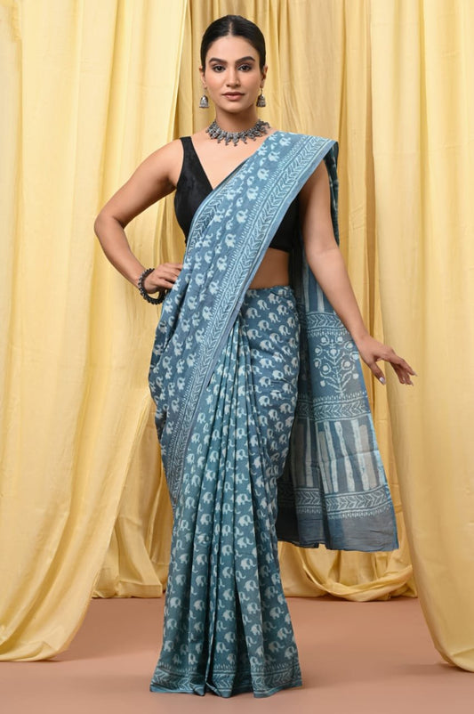 Mul Cotton Hand Block Printed Saree With Blouse Piece
