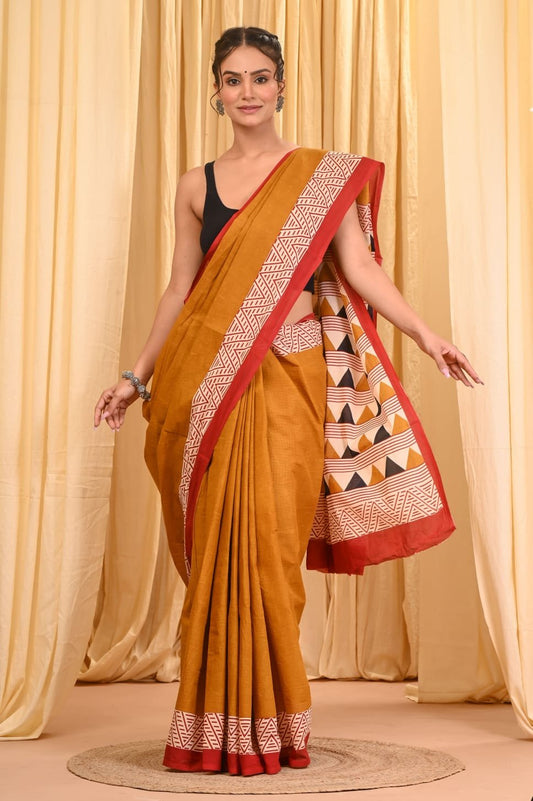 Mul Cotton Hand Block Printed Saree With Blouse Piece