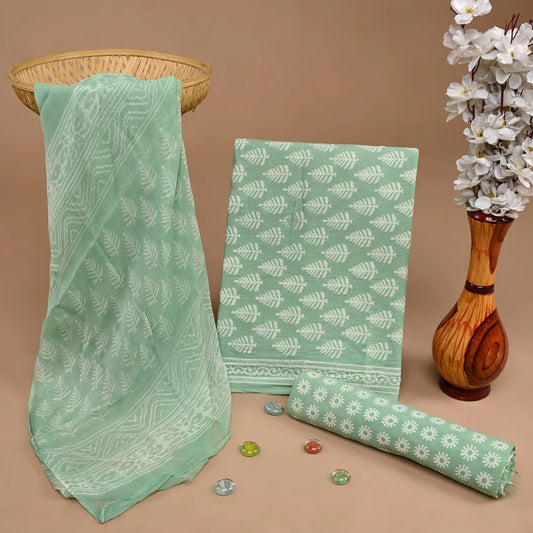 Olive Green Fabric Print Cotton Suit With Chiffon Dupatta