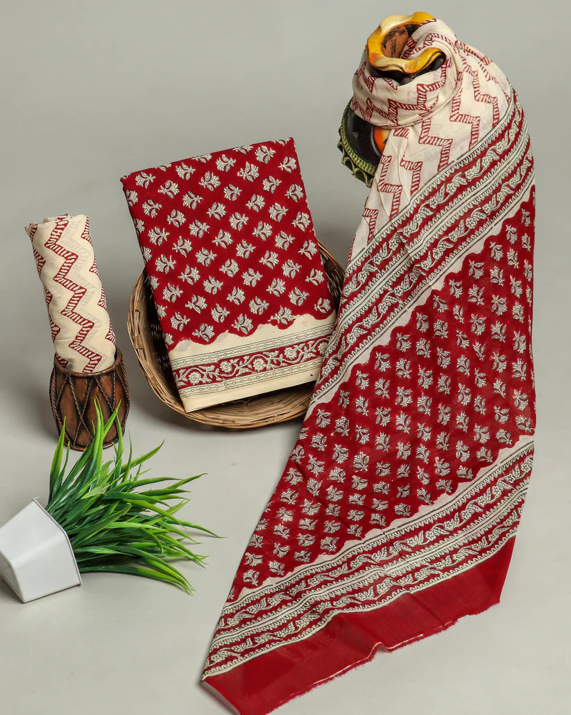 Maroon Gold Print Cotton Suit with Cotton Dupatta