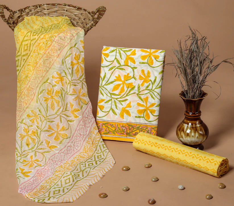 Yellow Print Cotton Suit with Cotton Dupatta