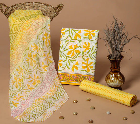 Yellow Print Cotton Suit with Cotton Dupatta
