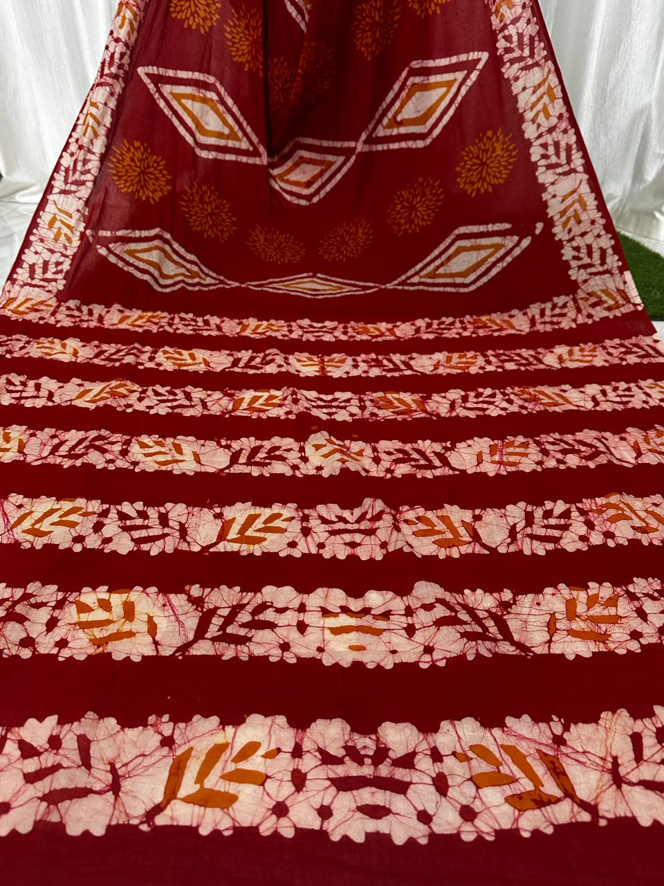 Batik Hand Block Printed Cotton Saree With Blouse Piece