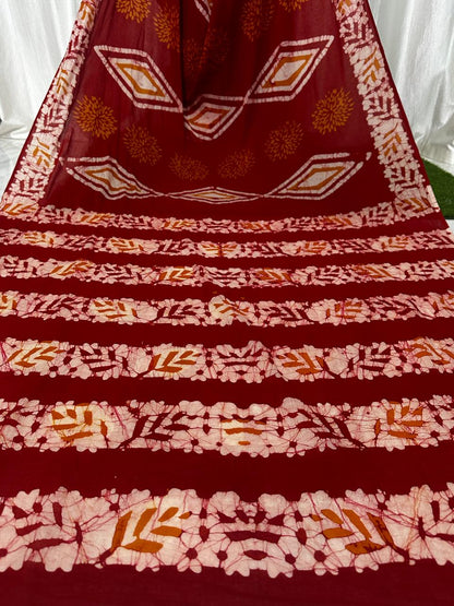 Batik Hand Block Printed Cotton Saree With Blouse Piece