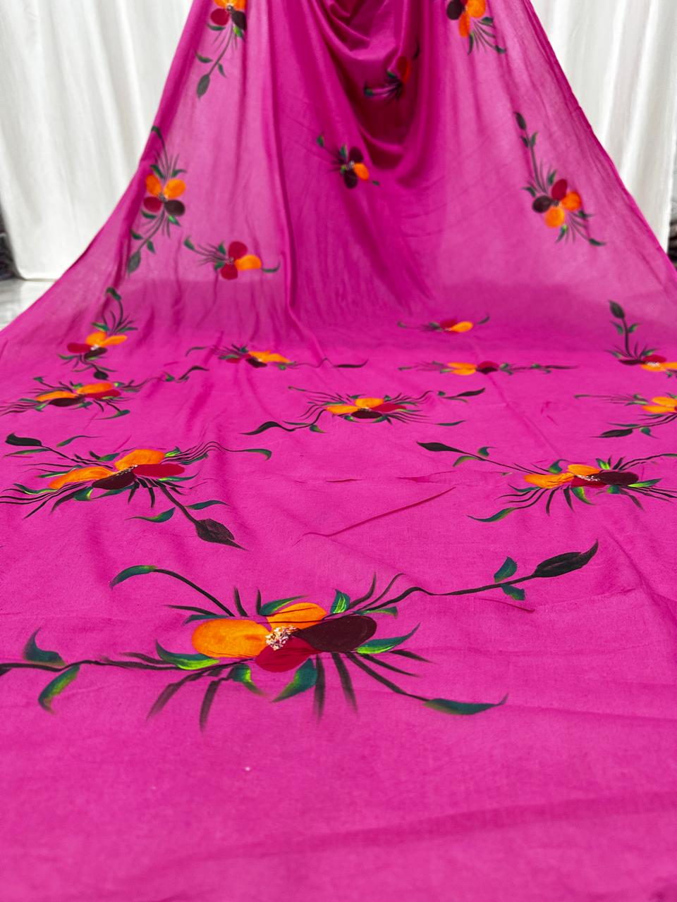 Painted via Hand Brush Cotton Saree With Blouse Piece