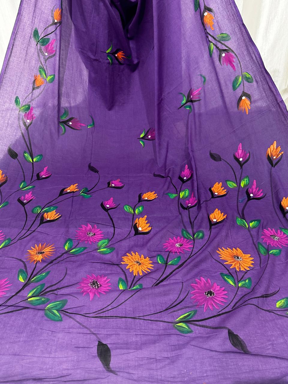 Painted via Hand Brush Cotton Saree With Blouse Piece