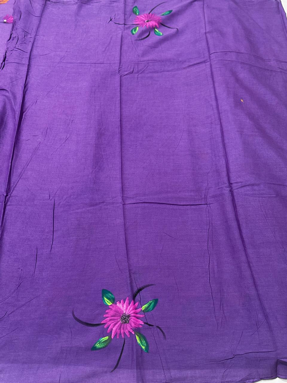 Painted via Hand Brush Cotton Saree With Blouse Piece