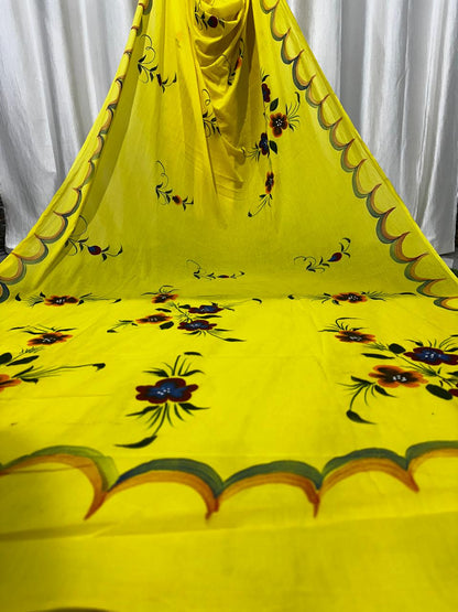 Painted via Hand Brush Cotton Saree With Blouse Piece