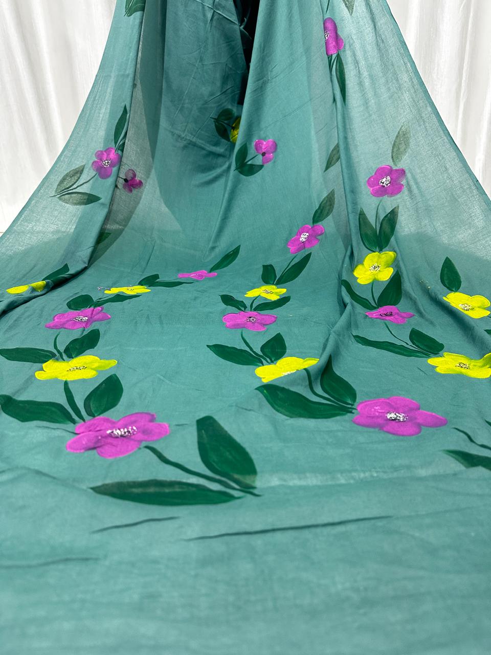 Painted via Hand Brush Cotton Saree With Blouse Piece