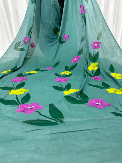 Painted via Hand Brush Cotton Saree With Blouse Piece