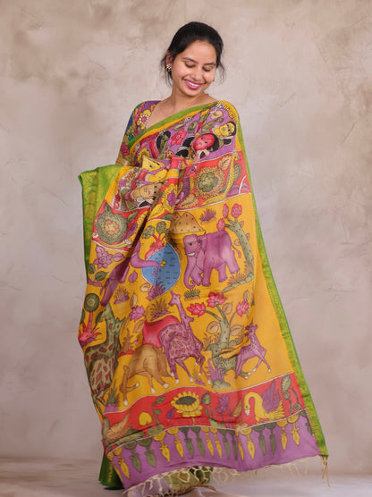 Hand Drawn Pen Kalamkari Lavender And Green Bangalore Silk Kanchi Border Saree