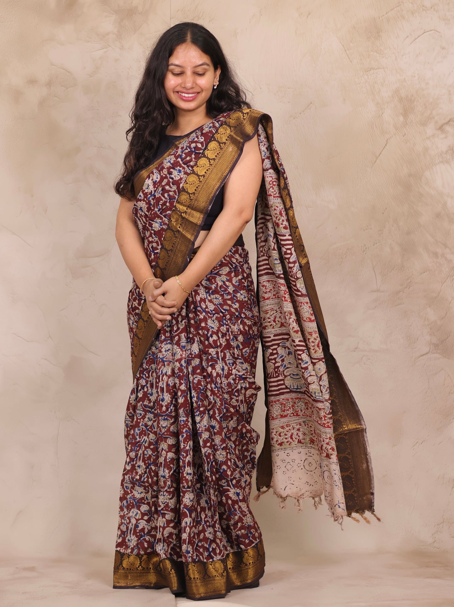 Maroon Hand Block Printed Kalamkari Kanchi Border Chennur Silk Saree