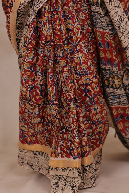 Red Hand Block Printed Kalamkari Chennur Silk Saree