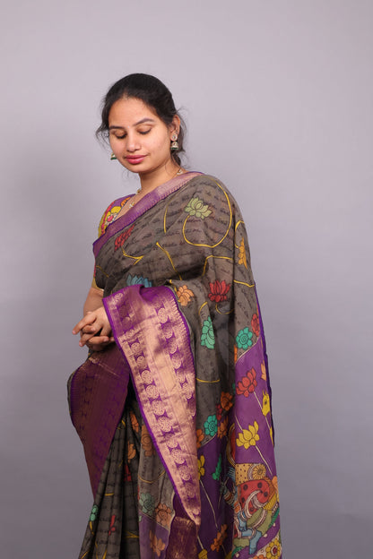 Grey Hand Drawn Pen Kalamkari Uppada Silk Kuppadam Border Saree