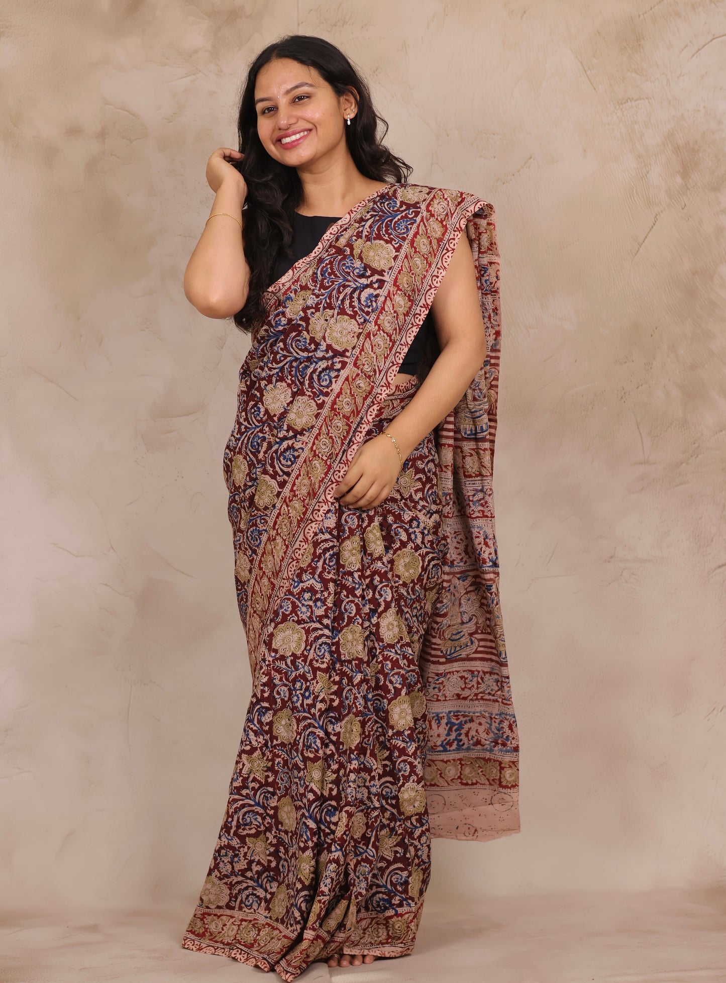 Maroon Hand Block Printed Kalamkari Chennur Silk Saree